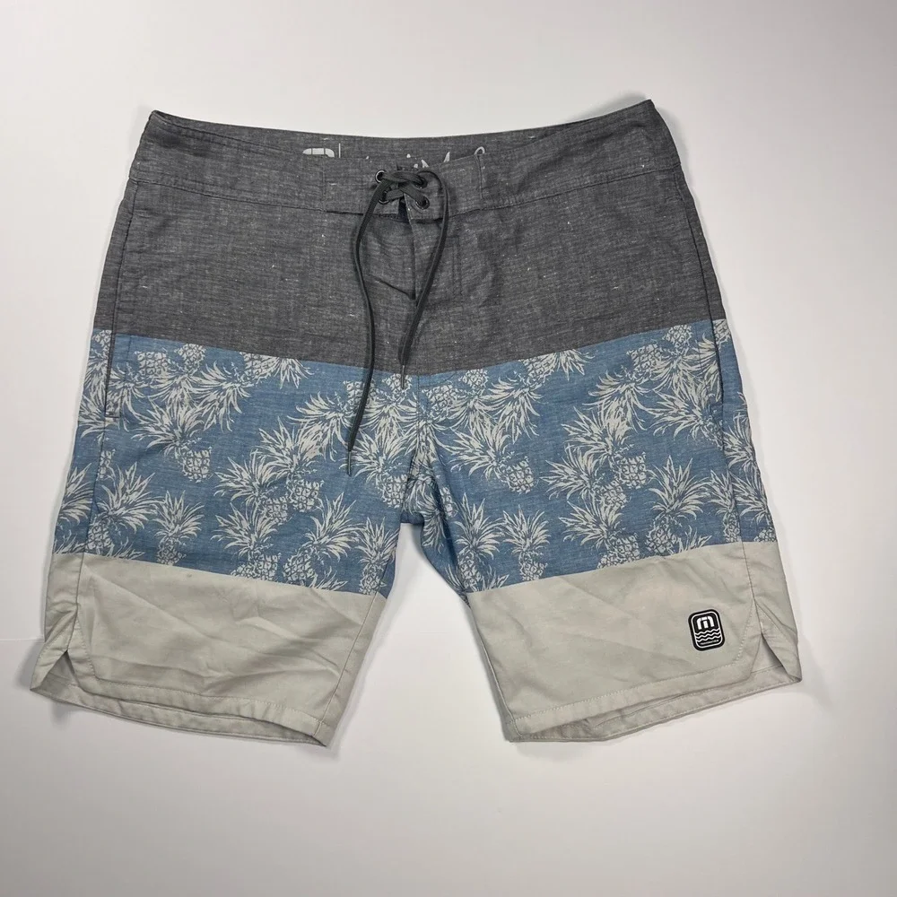 TravisMathew Board Shorts Mens 33‎ Gray Blue Pineapple Print Colorblock Trunks